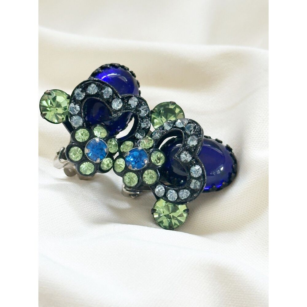 Vintage Blue Glass Cabochon Rhinestone Cluster Clip-On Earrings Mid-Century Glam